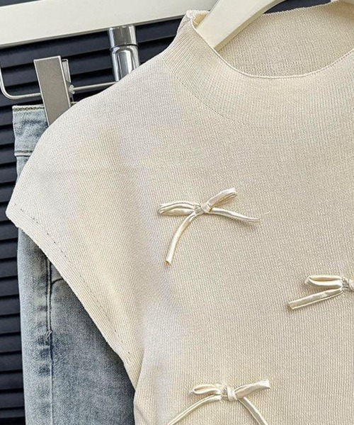 Miniministore(ミニミニストア)の「リボン付きリブニット プチハイネック夏服(ニット/セーター・レディース・ピンク/ブラック/ベージュ/レッド/ブルー/ライトグリーン/ローズ・FREE)」の20枚目の写真