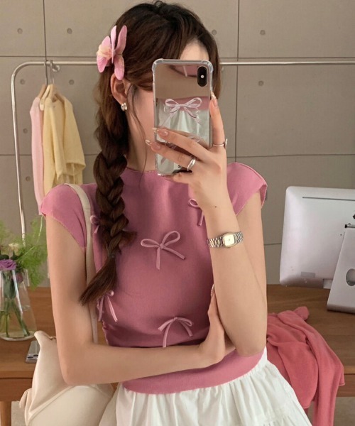 Miniministore(ミニミニストア)の「リボン付きリブニット プチハイネック夏服(ニット/セーター・レディース・ピンク/ブラック/ベージュ/レッド/ブルー/ライトグリーン/ローズ・FREE)」の9枚目の写真