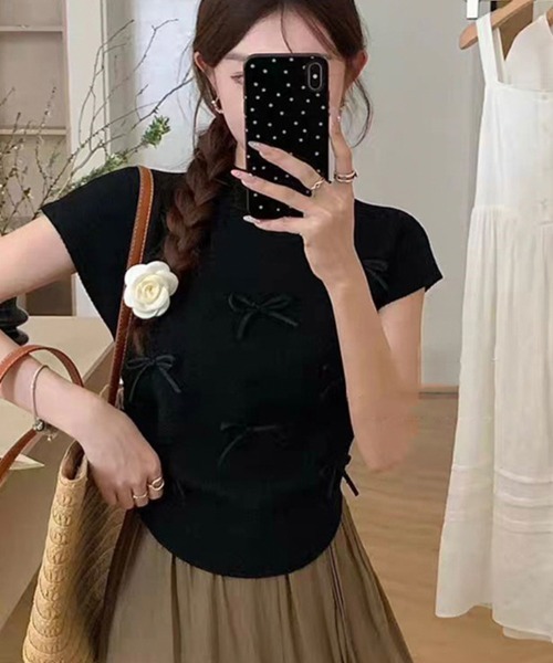 Miniministore(ミニミニストア)の「リボン付きリブニット プチハイネック夏服(ニット/セーター・レディース・ピンク/ブラック/ベージュ/レッド/ブルー/ライトグリーン/ローズ・FREE)」の8枚目の写真