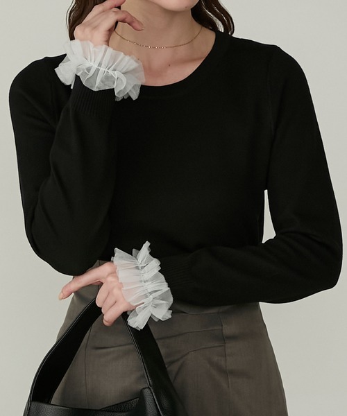 Cherir Mignon(シェリルミニョン)の「【Cherir Mignon】袖チュールフリルニットプルオーバー(ニット/セーター・レディース・ブラック/アイボリー・FREE)」の12枚目の写真