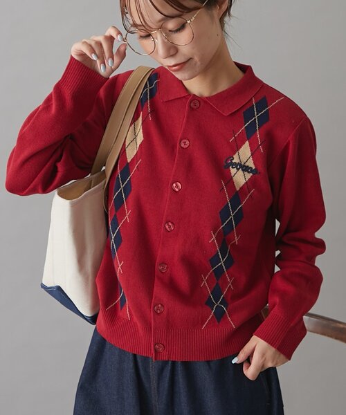 GEVACO（ゲバコ）の「【GEVACO】アーガイルニットカーディガン（カーディガン/ボレロ・レディース・レッド/ブラウン/チャコールグレー/ネイビー・ONE SIZE）」の4枚目の写真