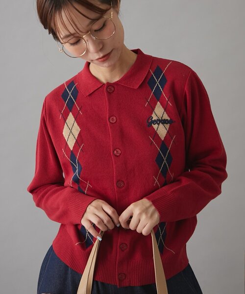 GEVACO（ゲバコ）の「【GEVACO】アーガイルニットカーディガン（カーディガン/ボレロ・レディース・レッド/ブラウン/チャコールグレー/ネイビー・ONE SIZE）」の6枚目の写真