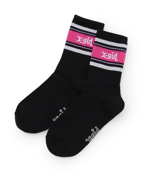 X-girl Stages(エックスガールステージス)の「ラインロゴリブクルーソックス(ソックス/靴下・キッズ・ブラック/ラベンダー/オフホワイト・13-15cm/19-21cm/17-19cm/15-17cm)」の1枚目の写真