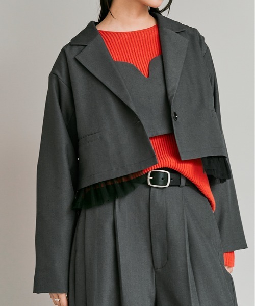 W:Huku(フーク)の「【W:Huku / ストレッチソフトツイル】チュール付き ジャケット / Stretch Soft Twill Tulle Jacket(テーラードジャケット・レディース・ブラウン/グレー/ブラック/レッド系・FREE)」の1枚目の写真