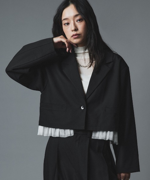 W:Huku(フーク)の「【W:Huku / ストレッチソフトツイル】チュール付き ジャケット / Stretch Soft Twill Tulle Jacket(テーラードジャケット・レディース・ブラウン/グレー/ブラック/レッド系・FREE)」の2枚目の写真