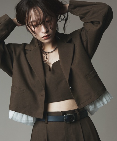 W:Huku(フーク)の「【W:Huku / ストレッチソフトツイル】チュール付き ジャケット / Stretch Soft Twill Tulle Jacket(テーラードジャケット・レディース・ブラウン/グレー/ブラック/レッド系・FREE)」の5枚目の写真