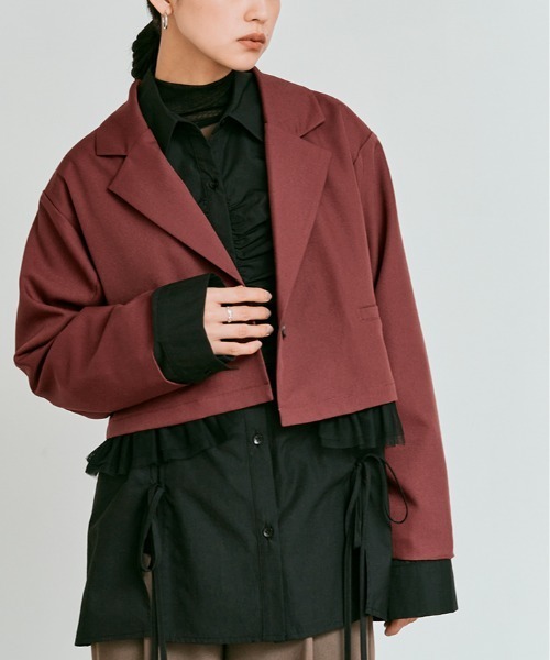 W:Huku(フーク)の「【W:Huku / ストレッチソフトツイル】チュール付き ジャケット / Stretch Soft Twill Tulle Jacket(テーラードジャケット・レディース・ブラウン/グレー/ブラック/レッド系・FREE)」の7枚目の写真