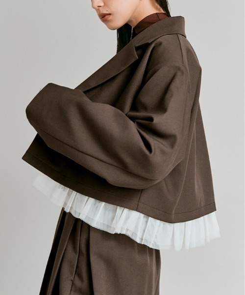 W:Huku(フーク)の「【W:Huku / ストレッチソフトツイル】チュール付き ジャケット / Stretch Soft Twill Tulle Jacket(テーラードジャケット・レディース・ブラウン/グレー/ブラック/レッド系・FREE)」の8枚目の写真