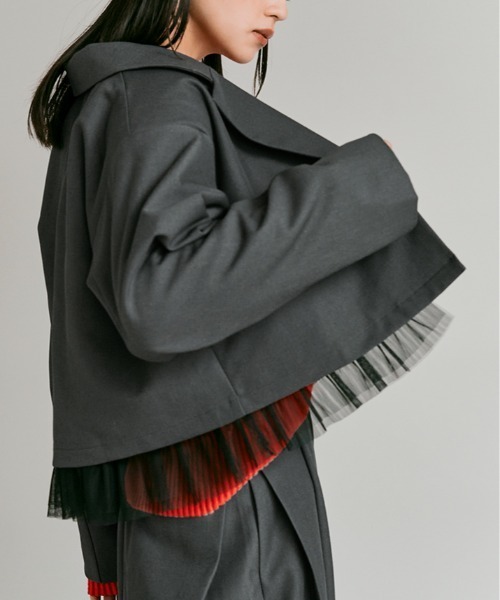 W:Huku(フーク)の「【W:Huku / ストレッチソフトツイル】チュール付き ジャケット / Stretch Soft Twill Tulle Jacket(テーラードジャケット・レディース・ブラウン/グレー/ブラック/レッド系・FREE)」の9枚目の写真