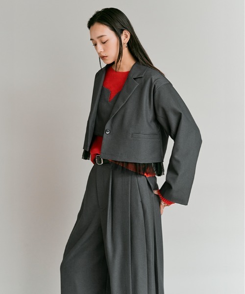 W:Huku(フーク)の「【W:Huku / ストレッチソフトツイル】チュール付き ジャケット / Stretch Soft Twill Tulle Jacket(テーラードジャケット・レディース・ブラウン/グレー/ブラック/レッド系・FREE)」の12枚目の写真