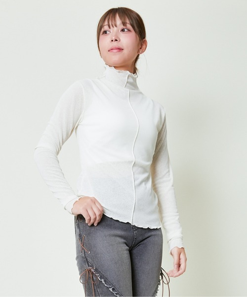GORGE(ゴージ)の「《透け感×メロウフリル》レイヤード主役トップス/華奢見えハイネック(Tシャツ/カットソー・レディース・アイボリー/ブラック/ブラウン/ボルドー・F)」の10枚目の写真