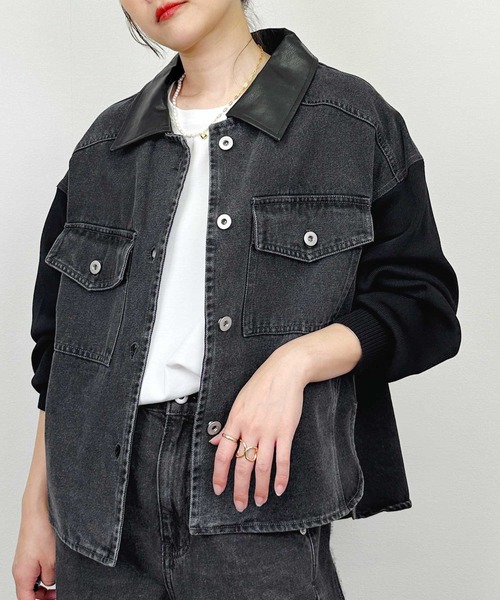 新品タグ付   Jeans ブラック デニムジャケット セール】袖ニットデニムジャケット（襟取り外し可）（デニムジャケット