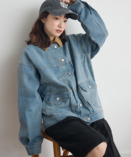 RETRO GIRL（レトロガール）の「コーデュロイ衿デニムGジャン（デニムジャケット・レディース・ブルー系その他5/インディゴブルー・FREE）」の2枚目の写真