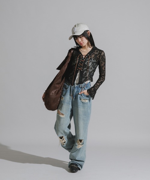 Chick（チック）の「Lace-Up Floral Lace Tops / レースアップ 花柄レーストップス（シャツ/ブラウス・レディース・ホワイト/ブラック・FREE）」の15枚目の写真