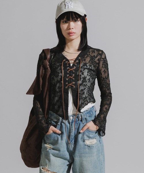 Chick（チック）の「Lace-Up Floral Lace Tops / レースアップ 花柄レーストップス（シャツ/ブラウス・レディース・ホワイト/ブラック・FREE）」の10枚目の写真