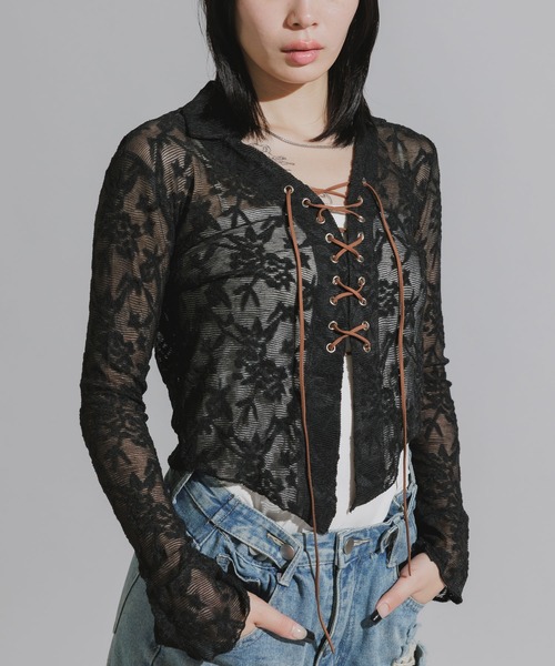 Chick（チック）の「Lace-Up Floral Lace Tops / レースアップ 花柄レーストップス（シャツ/ブラウス・レディース・ホワイト/ブラック・FREE）」の20枚目の写真