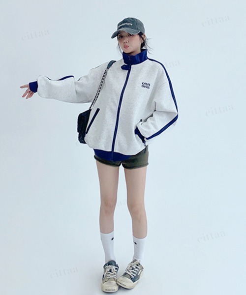 Dalfwin(ダールフィン)の「韓国ファッション OISIS配色トラックジャケット スポーティーブルゾン(ブルゾン・レディース・ブラウン/グレー/ネイビー・FREE)」の6枚目の写真