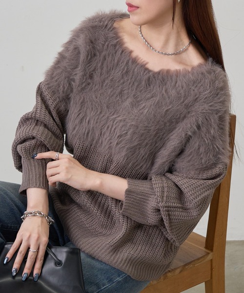 COLONY 2139（コロニートゥーワンスリーナイン）の「切替シャギーニット（ニット/セーター・レディース・ブラウン/レッド/グレー/アイボリー/グレイッシュベージュ/サックスブルー・FREE）」の5枚目の写真