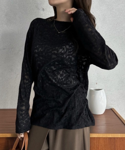Eclat one（エクラワン）の「【Eclat one】透かし柄 シアー トップス（Tシャツ/カットソー・レディース・ブラック/ホワイト・FREE）」の17枚目の写真