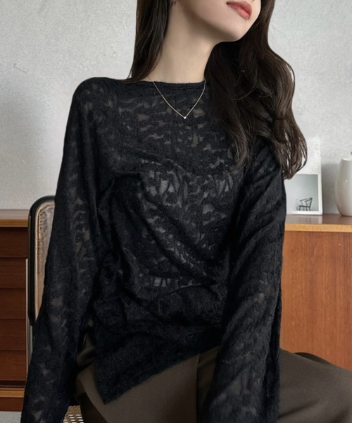 Eclat one（エクラワン）の「【Eclat one】透かし柄 シアー トップス（Tシャツ/カットソー・レディース・ブラック/ホワイト・FREE）」の18枚目の写真