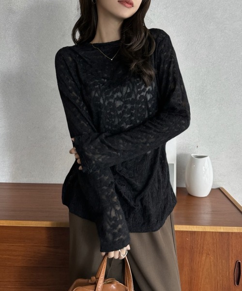 Eclat one（エクラワン）の「【Eclat one】透かし柄 シアー トップス（Tシャツ/カットソー・レディース・ブラック/ホワイト・FREE）」の11枚目の写真