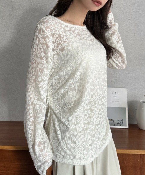 Eclat one（エクラワン）の「【Eclat one】透かし柄 シアー トップス（Tシャツ/カットソー・レディース・ブラック/ホワイト・FREE）」の5枚目の写真