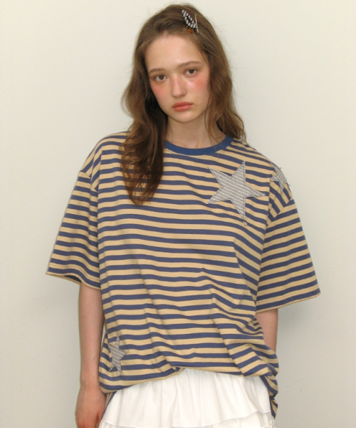 RONRON（ロンロン）の「STRIPE STAR APPLIQUE T SHIRT BEIGE BLUE（Tシャツ/カットソー・レディース・その他・FREE）」の5枚目の写真