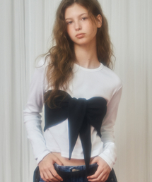 KNOT BUSTIER RIBBON LONG SLEEVE T SHIRT WHITE BLACK