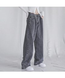 BUCKLE WIDE DENIM PANTS GREY