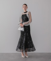 LEJA】ビジューネックスパンコールシアーマーメイドワンピースドレス