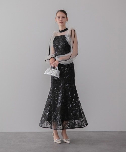 LEJA フラワースパンコール ロングスリーブ マーメイドワンピースドレス LEJA】フラワースパンコールチュールフリルロングスリーブマーメイド