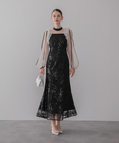 セール】【LEJA】フラワースパンコールチュールフリルロングスリーブ