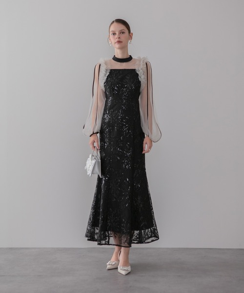 LEJA】フラワースパンコールチュールフリルロングスリーブマーメイド