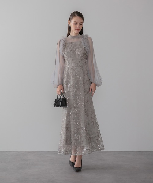 LEJA】フラワースパンコールチュールフリルロングスリーブマーメイド