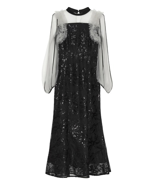 LEJA】フラワースパンコールチュールフリルロングスリーブマーメイド