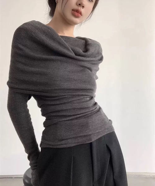 VIBGYOR(ヴィブジョー)の「【EIZZ/アイズ】オフショルダー ドレープデザイン ニットトップス(ニット/セーター・レディース・ピンク/レッド/オフホワイト/グレー/アイボリー/ブラック・FREE)」の19枚目の写真