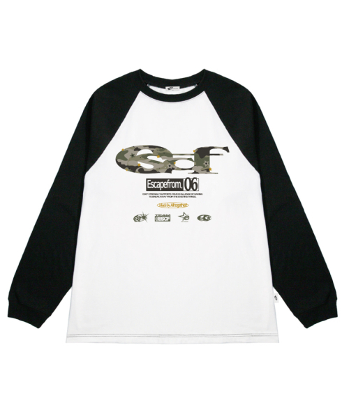 ESCAPEFROM（エスケープフロム）の「スターカモ ESCFロゴコラージュプリントロングスリーブ [3色]（Tシャツ/カットソー・レディース・ホワイト/ブラック/ブラック×ホワイト・MEDIUM/LARGE/SMALL）」の4枚目の写真