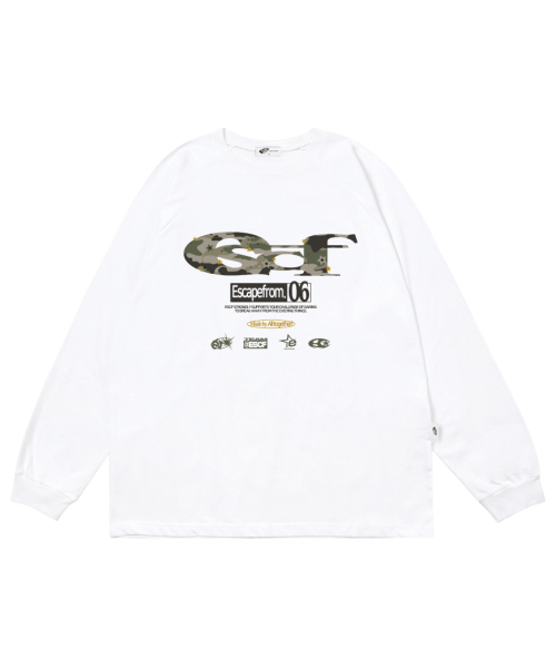 ESCAPEFROM（エスケープフロム）の「スターカモ ESCFロゴコラージュプリントロングスリーブ [3色]（Tシャツ/カットソー・レディース・ホワイト/ブラック/ブラック×ホワイト・MEDIUM/LARGE/SMALL）」の5枚目の写真