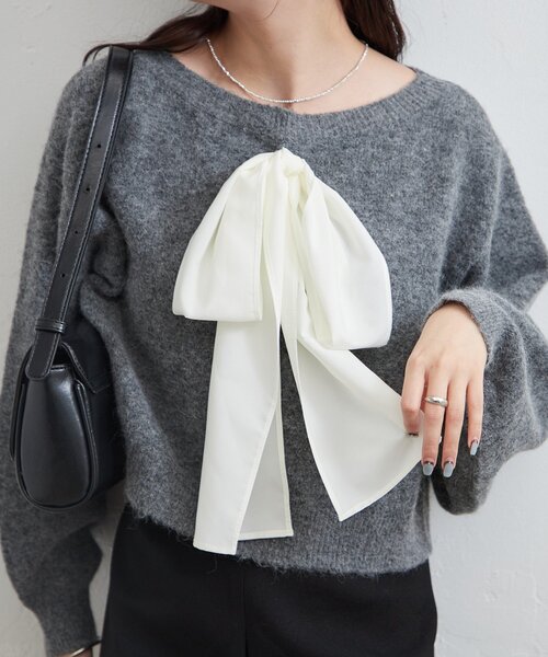 mystic（ミスティック）の「リボン付きニット プルオーバー（ニット/セーター・レディース・ベージュ/チャコールグレー/ネイビー・FREE）」の6枚目の写真