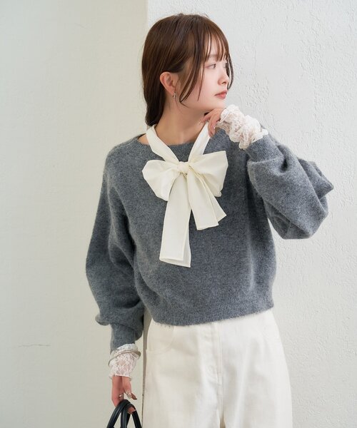 mystic（ミスティック）の「リボン付きニット プルオーバー（ニット/セーター・レディース・ベージュ/チャコールグレー/ネイビー・FREE）」の22枚目の写真