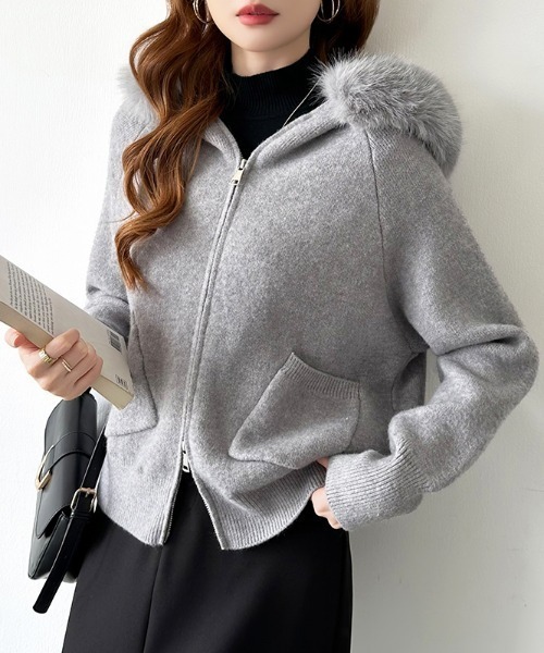 セール】ファー付きダブルジップパーカー ニットパーカー ファーフード