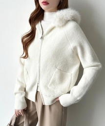 ファー付きダブルジップパーカー ニットパーカー ファーフード ジップアップ ニット パーカー ダブルジップ 秋服 冬服