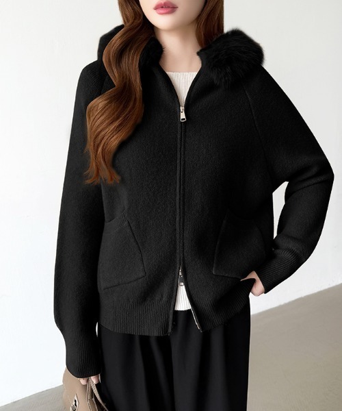 セール】ファー付きダブルジップパーカー ニットパーカー ファーフード