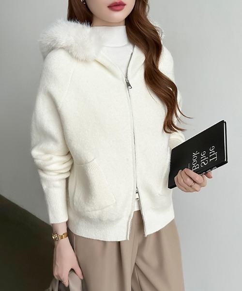 セール】ファー付きダブルジップパーカー ニットパーカー ファーフード