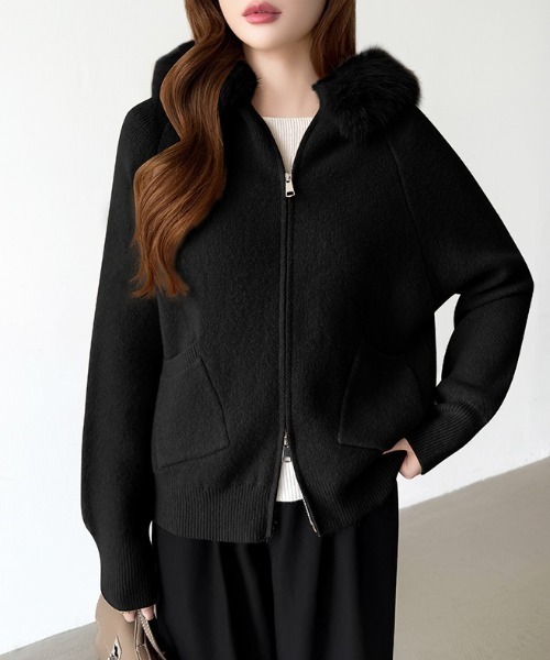 セール】ファー付きダブルジップパーカー ニットパーカー ファーフード
