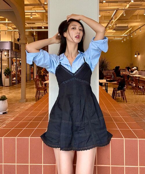 LADY VOLUME（レディーボリューム）の「レースシャーリングミニドレス (ブラック)（ワンピース・レディース・その他・MEDIUM/SMALL）」の7枚目の写真