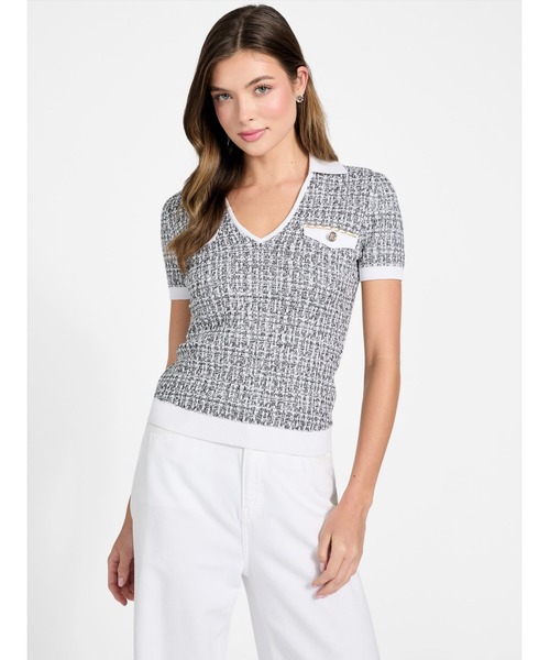 Guess(ゲス)の「Short Sleeves V-neck Collar Annabelle Sweater ニットトップス(ニット/セーター・レディース・ブラック×ホワイト・X-SMALL/SMALL/MEDIUM)」の9枚目の写真