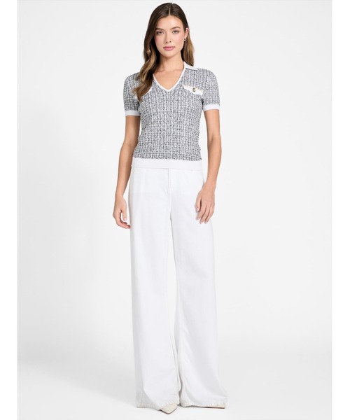 Guess(ゲス)の「Short Sleeves V-neck Collar Annabelle Sweater ニットトップス(ニット/セーター・レディース・ブラック×ホワイト・X-SMALL/SMALL/MEDIUM)」の3枚目の写真