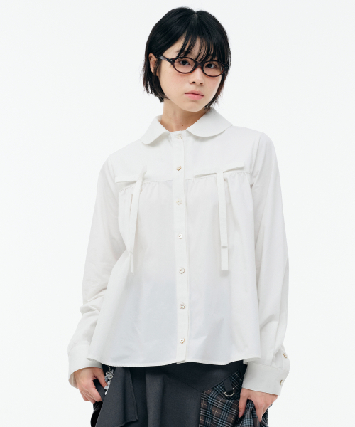 セール】ROUND COLLAR RIBBON SHIRT [WHITE]（シャツ/ブラウス