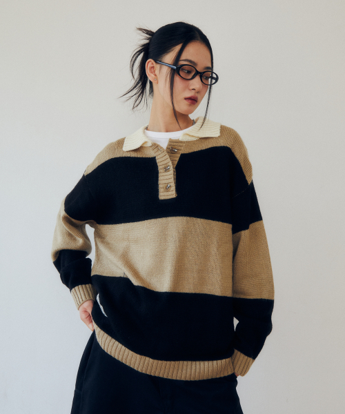 VISION STREET WEAR(ヴィジョンストリートウェア)の「VSW Washable Stripe Polo Knit Beige(ニット/セーター・レディース・その他・SMALL/MEDIUM/LARGE/X-LARGE)」の3枚目の写真